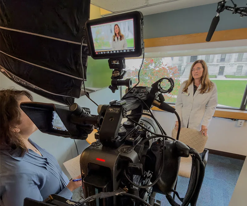 Interviewee speaking on camera during a brand storytelling video shoot