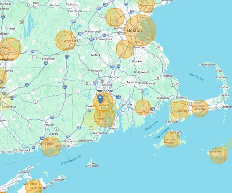 a google map styled map showing no fly zones in and around rhode island
