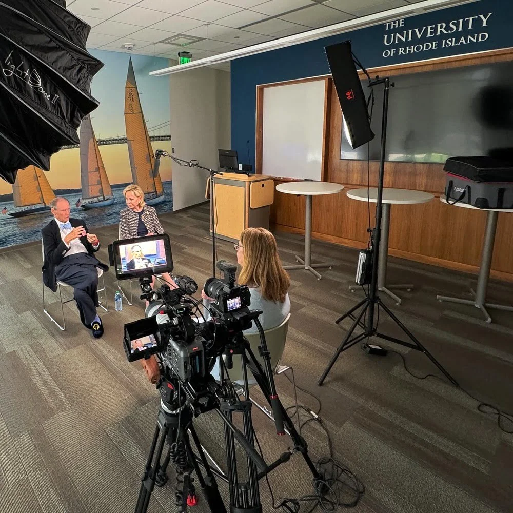 Nonprofit fundraising video production interview setup with professional cameras and lighting