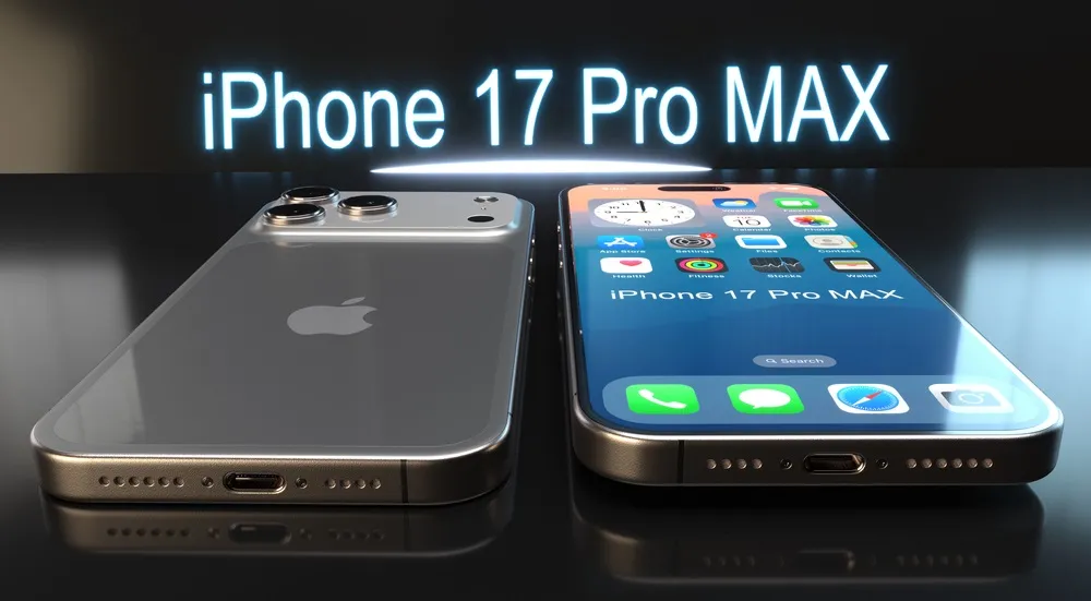 two iphone 17 pro max phones laying on a table with a 3d heading saying iphone 17 pro max