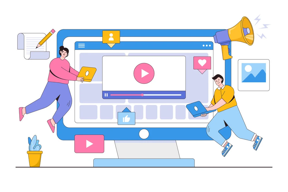 Illustration of a YouTube content strategy with video planning, social media engagement, and digital marketing tools.